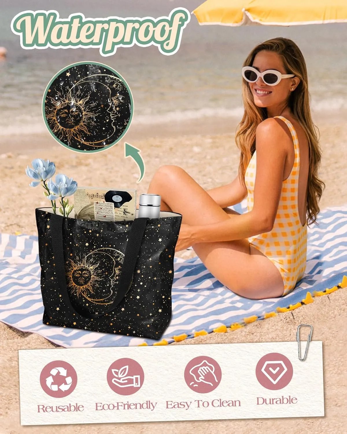 Large Tyvek Tote Bag Aesthetic Beach Bag - Cute Reusable Waterproof Size 19'' ×13'' for Women Girls Shopping, Gym