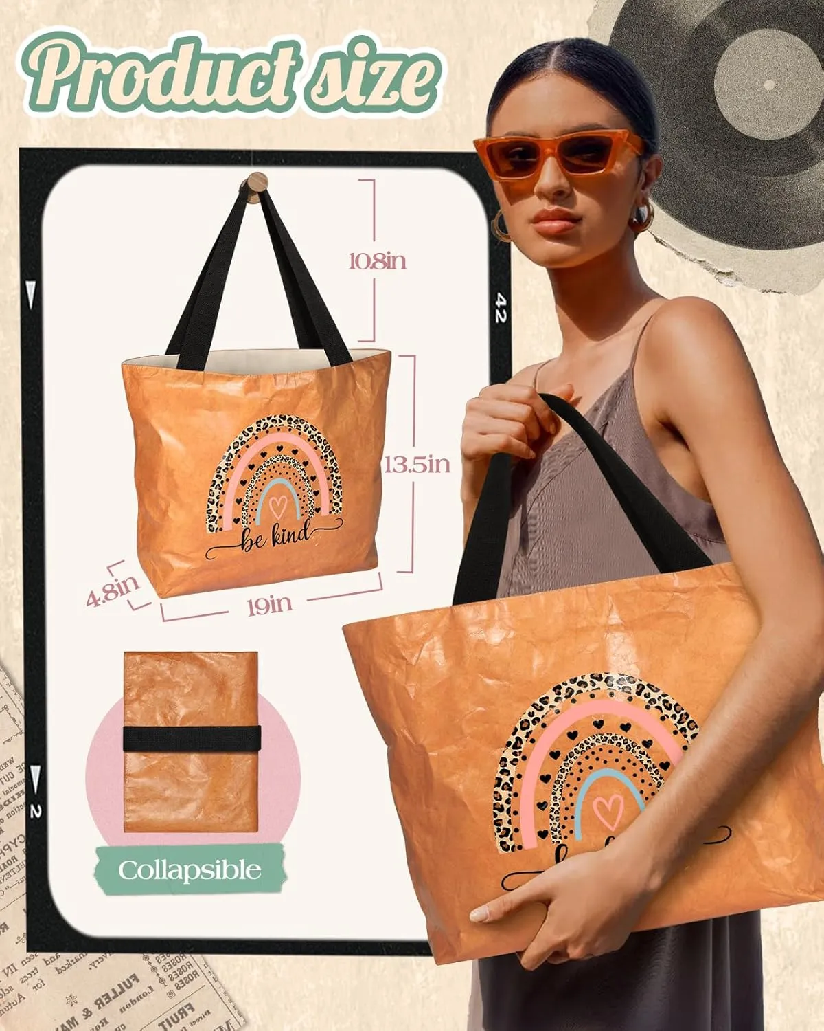 Large Tyvek Tote Bag Aesthetic Beach Bag - Cute Reusable Waterproof Size 19'' ×13'' for Women Girls Shopping, Gym