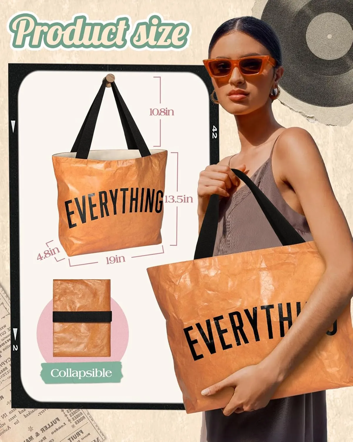 Large Tyvek Tote Bag Aesthetic Beach Bag - Cute Reusable Waterproof Size 19'' ×13'' for Women Girls Shopping, Gym