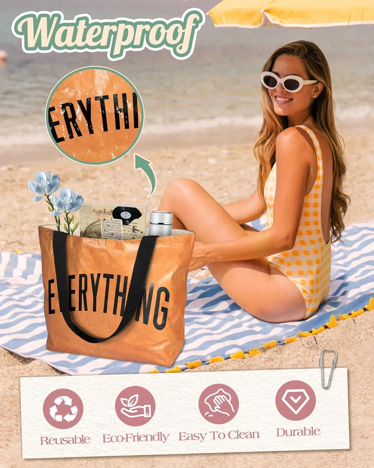 Large Tyvek Tote Bag Aesthetic Beach Bag - Cute Reusable Waterproof Size 19'' ×13'' for Women Girls Shopping, Gym