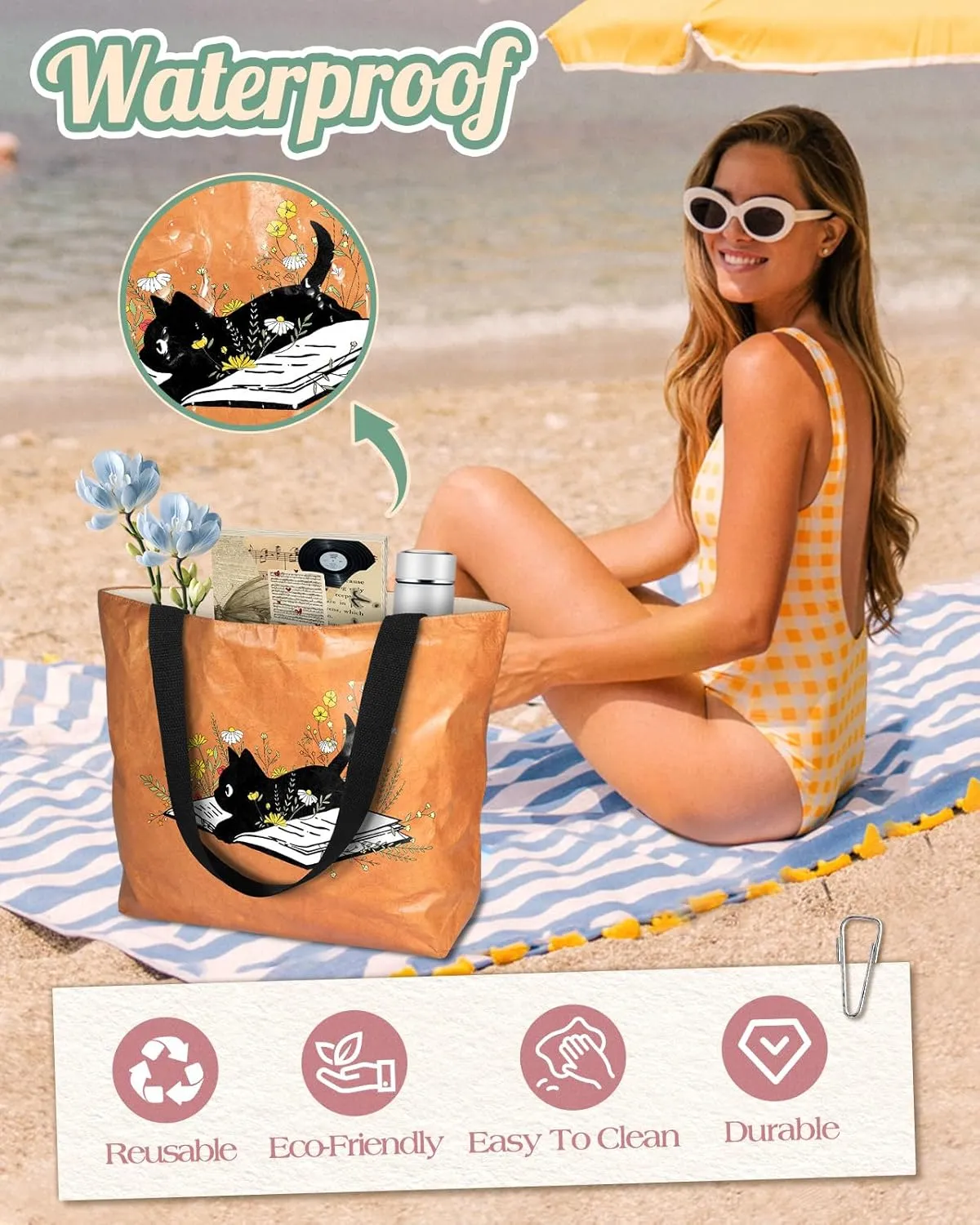 Large Tyvek Tote Bag Aesthetic Beach Bag - Cute Reusable Waterproof Size 19'' ×13'' for Women Girls Shopping, Gym