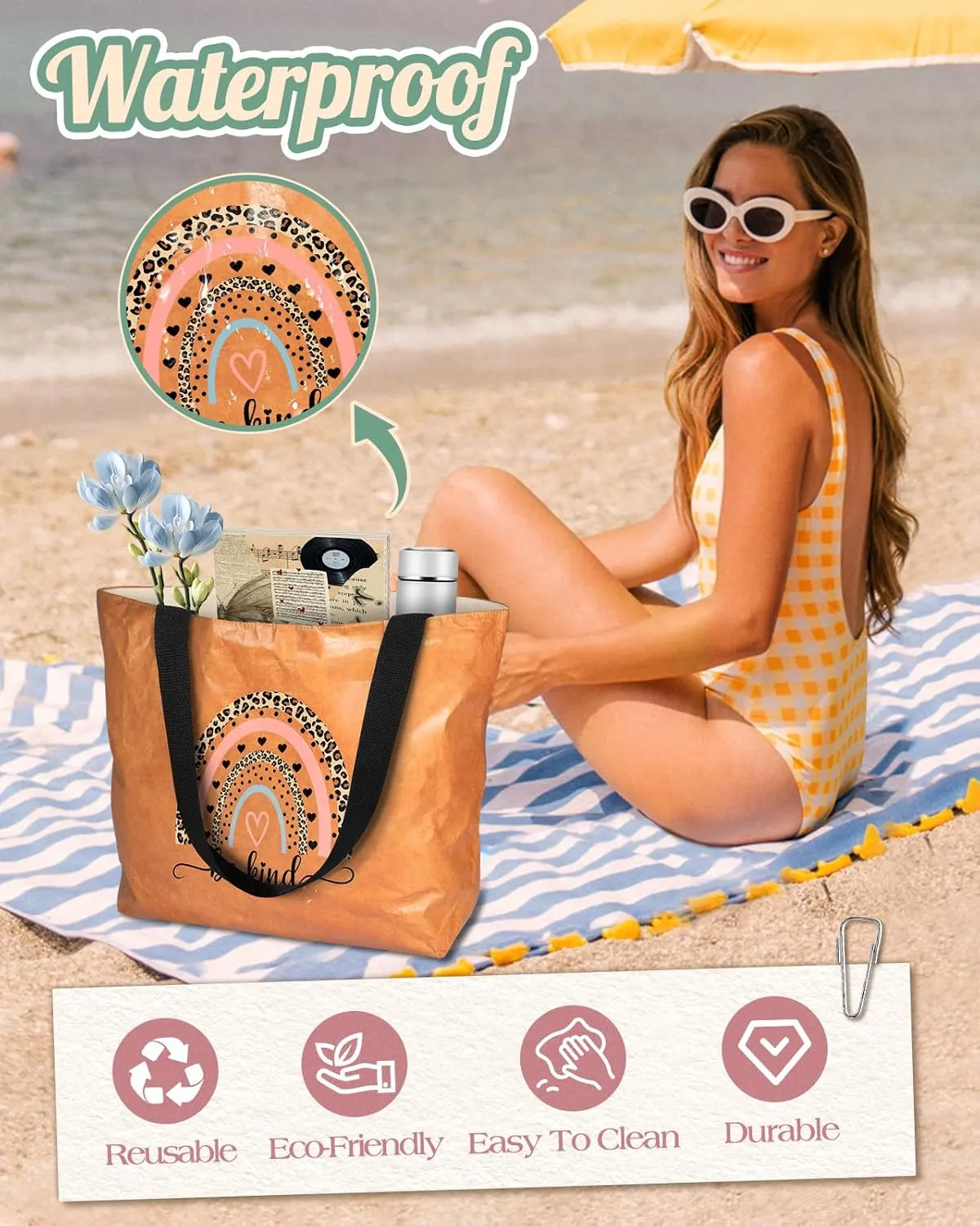 Large Tyvek Tote Bag Aesthetic Beach Bag - Cute Reusable Waterproof Size 19'' ×13'' for Women Girls Shopping, Gym