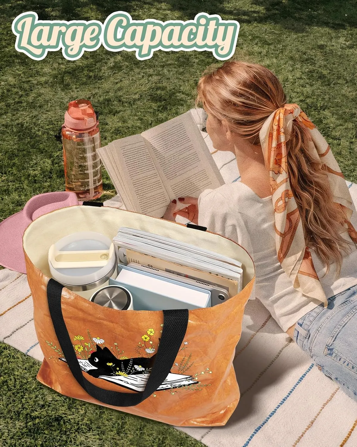Large Tyvek Tote Bag Aesthetic Beach Bag - Cute Reusable Waterproof Size 19'' ×13'' for Women Girls Shopping, Gym