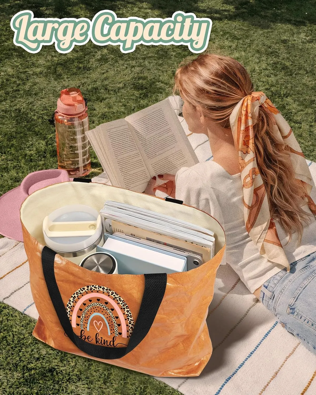 Large Tyvek Tote Bag Aesthetic Beach Bag - Cute Reusable Waterproof Size 19'' ×13'' for Women Girls Shopping, Gym