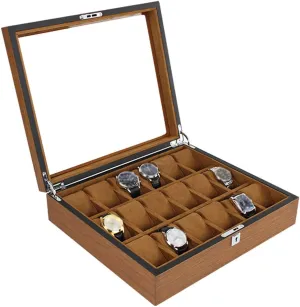Large Watch Box for Men - 18 Watches Slots, Luxury Jewelry Organizer Wooden Watch Storage Display Case with Glass Top, Lockable Metal Buckle, Brown