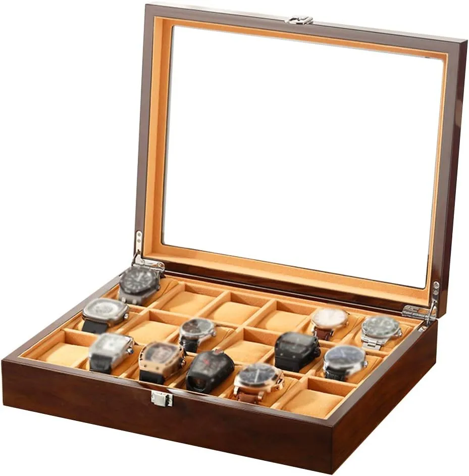Large Watch Box for Men - 18 Watches Slots, Luxury Jewelry Wood Watch Display Organizer Glass Top, Lockable Metal Buckle