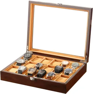 Large Watch Box for Men - 18 Watches Slots, Luxury Jewelry Wood Watch Display Organizer Glass Top, Lockable Metal Buckle