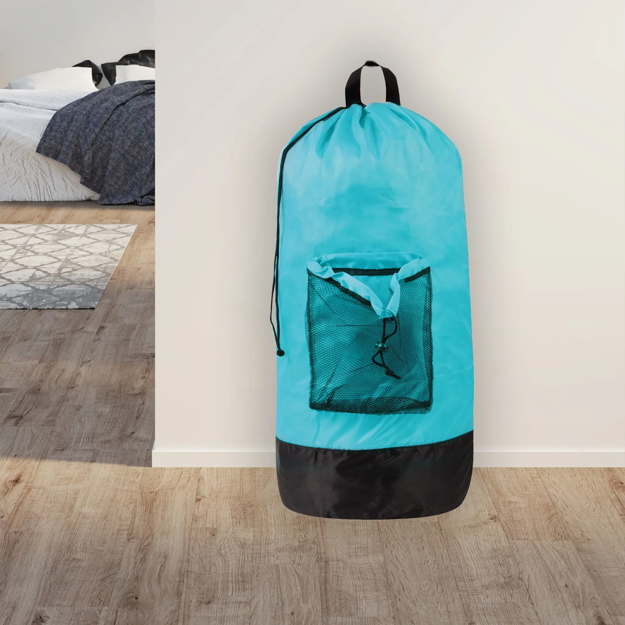 Laundry Bag Backpack with Front Mesh Pocket - Turquoise Wholesale