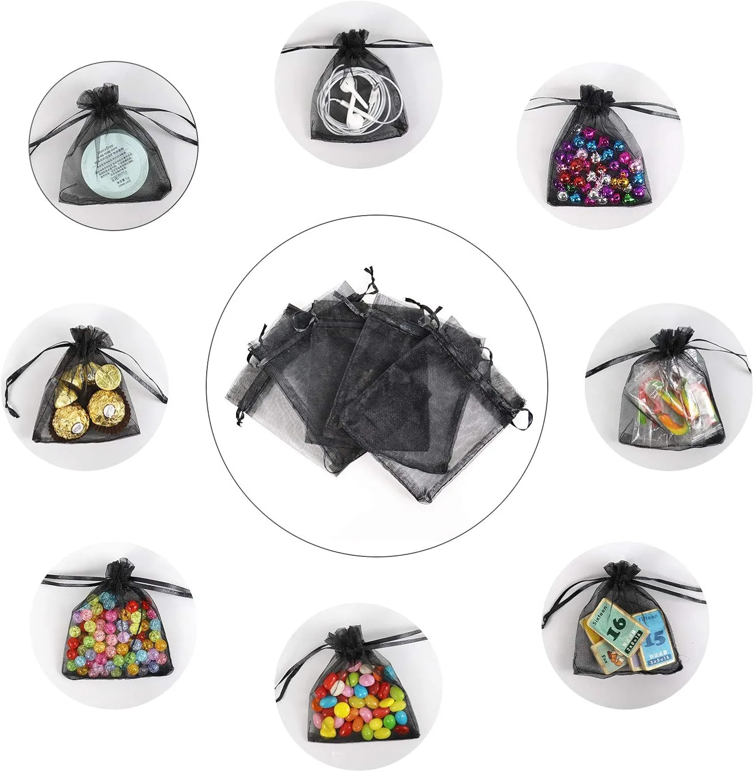Lautechco 100Pcs Organza Bags - 3x4 inches Black Mesh Drawstring Gift Bags for Christmas