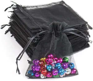 Lautechco 100Pcs Organza Bags - 3x4 inches Black Mesh Drawstring Gift Bags for Christmas