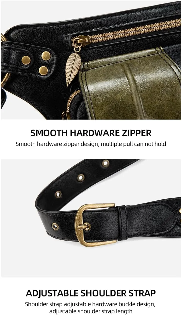 Leaf Design Festival Waist Bag for Hiking and Travel, PU Leather Crossbody Belt Bag for Women and Men, Adjustable Steampunk Fanny Pack for Outdoor Adventures, Green