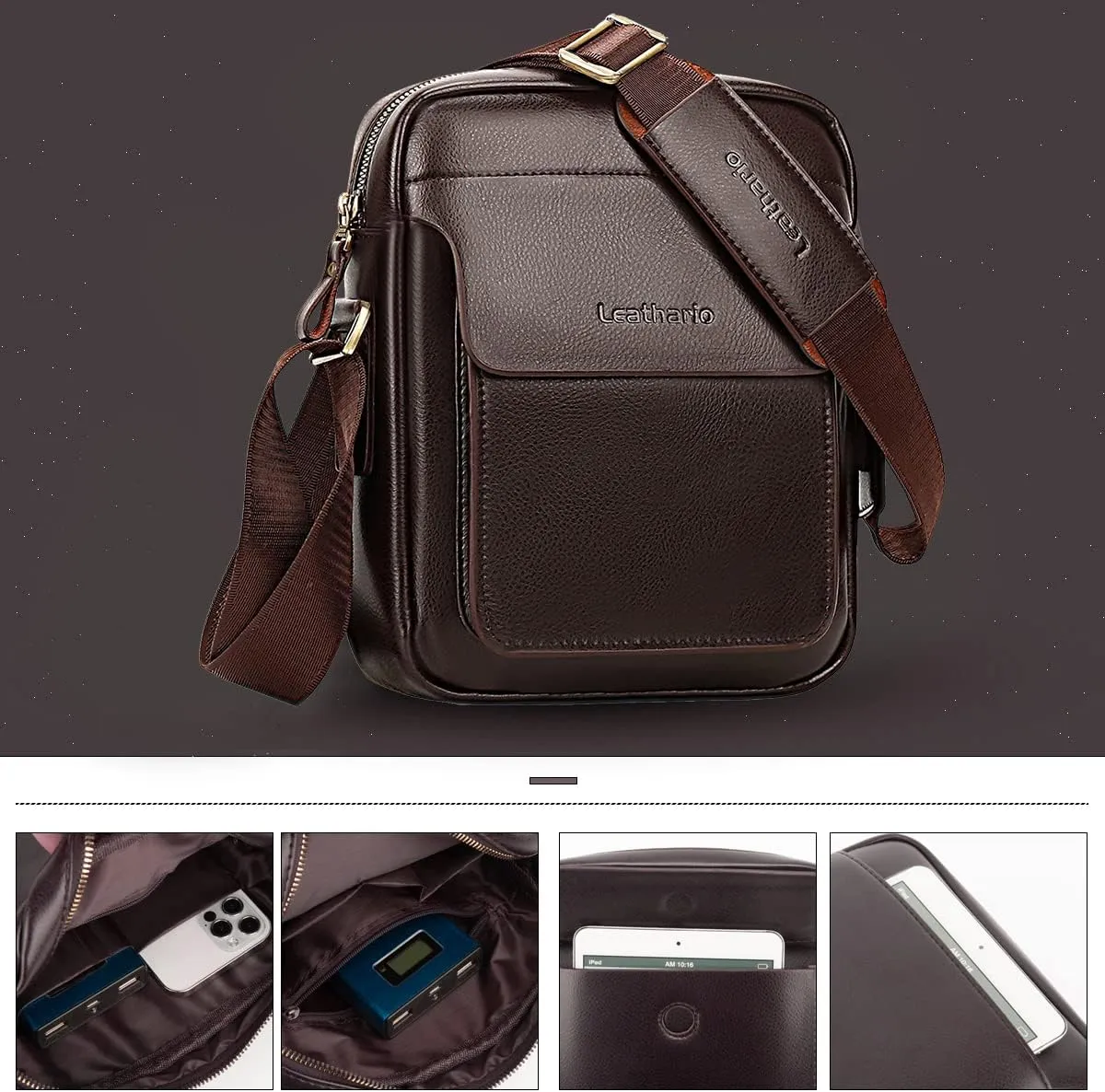 Leathario Crossbody Bag For Men Vegan Leather Shoulder Messenger Purse Sling Satchel Bag For Work Business Travel