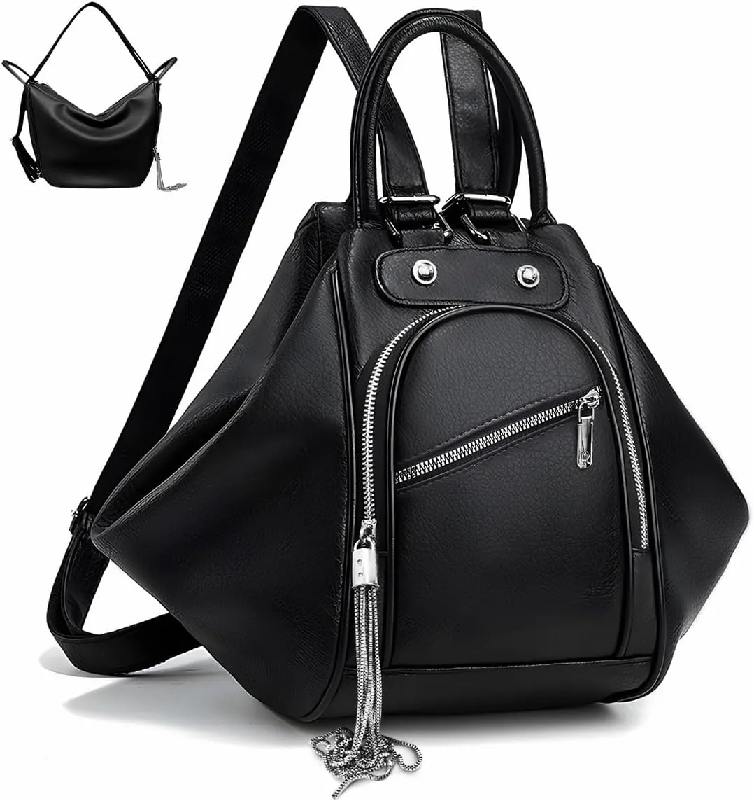 Leather Backpack Purse for Women Fashion Multipurpose Design Handbag Ladies Shoulder Bags with Tassel for Work College Travel