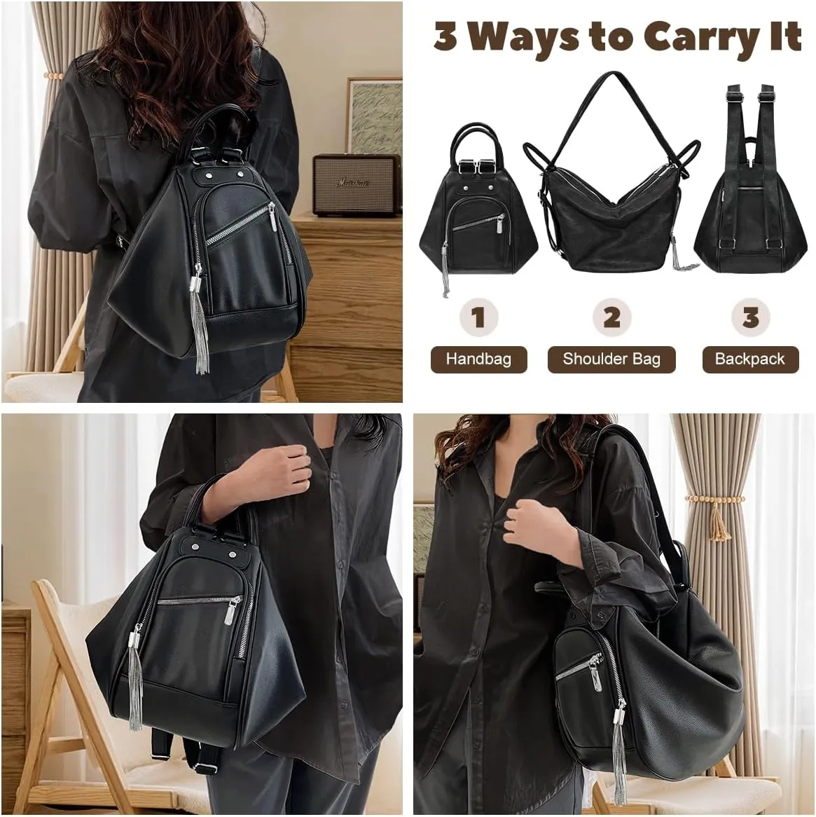 Leather Backpack Purse for Women Fashion Multipurpose Design Handbag Ladies Shoulder Bags with Tassel for Work College Travel