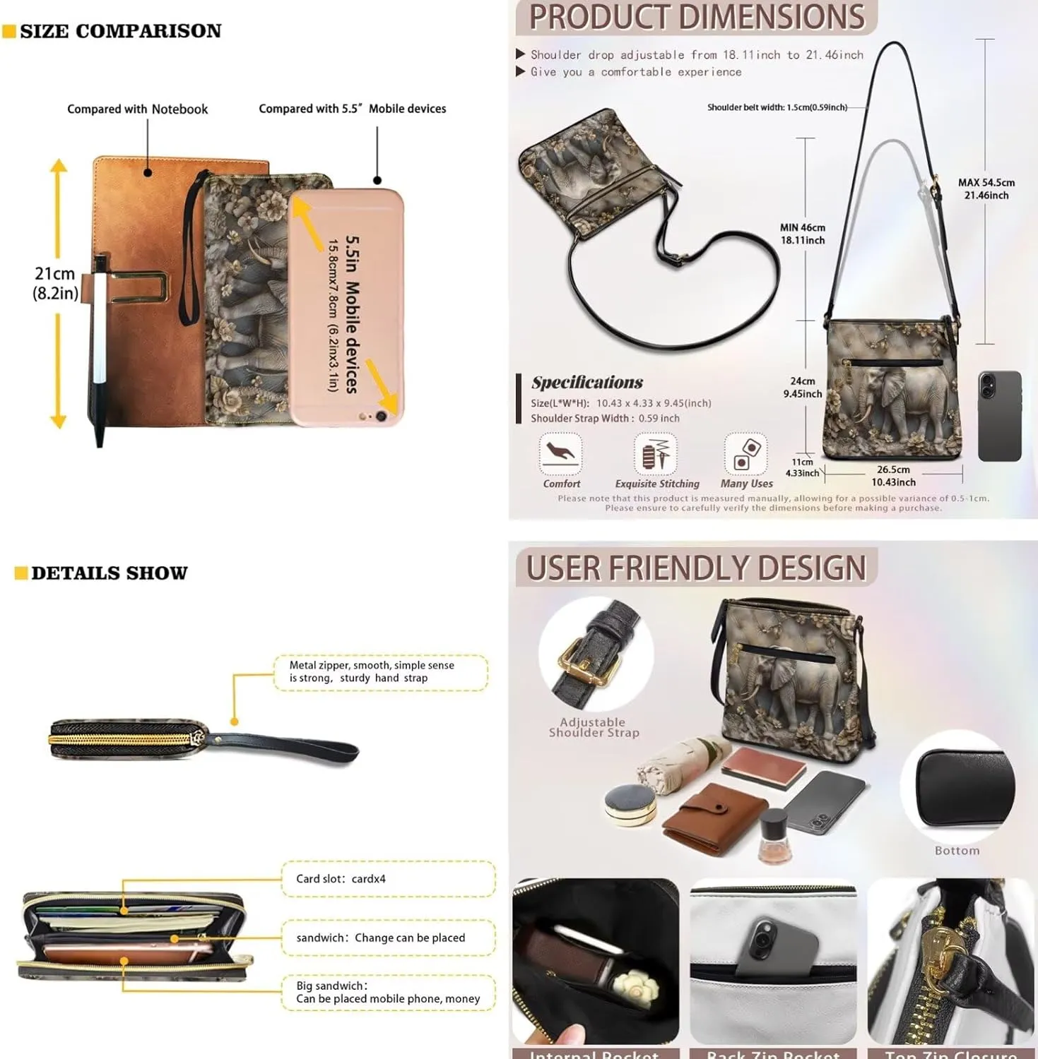 Leather Crossbody Purse Set for Women Girls, Multi Pockets Hobo Bag with PU Wristlet Wallet
