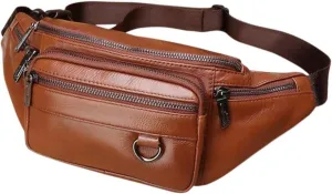 Leather Fanny Pack for Men, Large Waist Bag for Travel, Hiking Biking Motercycling Fishing Running Black Brown Coffee (brown)