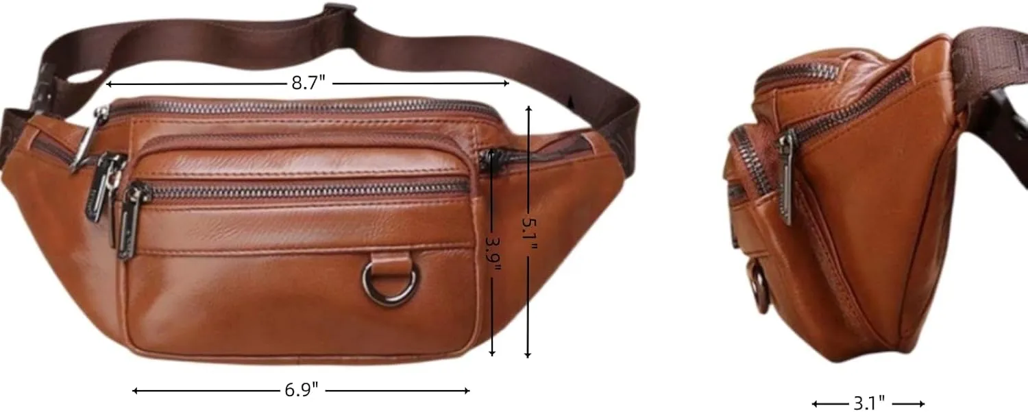 Leather Fanny Pack for Men, Large Waist Bag for Travel, Hiking Biking Motercycling Fishing Running Black Brown Coffee (brown)