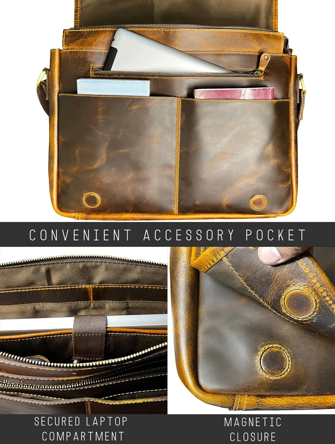 Leather Messenger Bag for Men 16" Full Grain Leather Laptop Bag Vintage Crossbody Office Satchel Travel Shoulder Bag