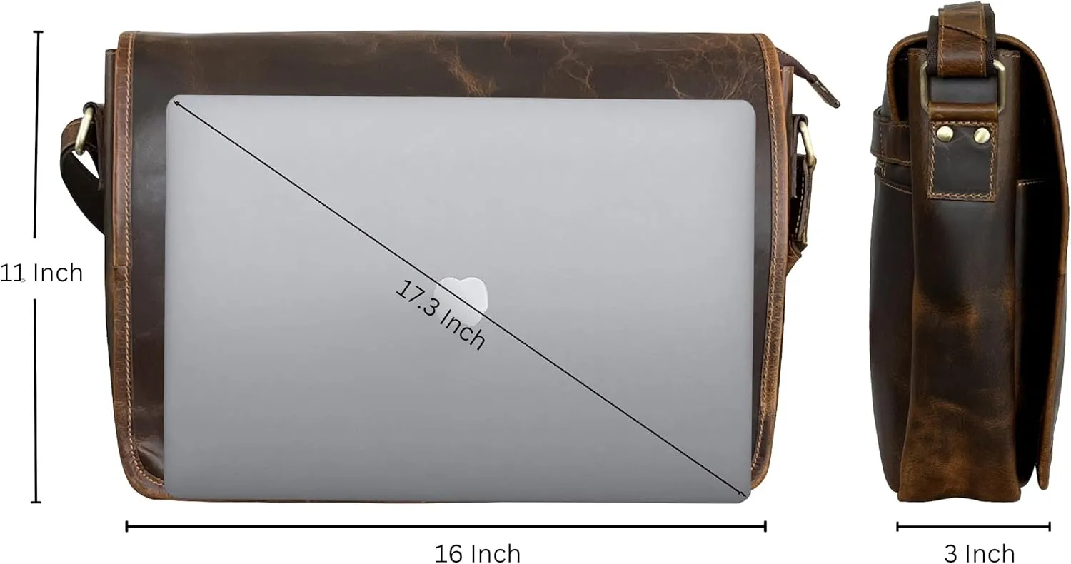 Leather Messenger Bag for Men 16" Full Grain Leather Laptop Bag Vintage Crossbody Office Satchel Travel Shoulder Bag