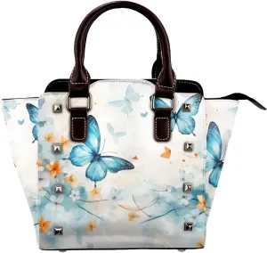 Leather Shoulder Bag for Women, Spring Butterfly Floral Studded Purse Flower Vintage Crossbody Handbags Punk Hobo Bag with Adjustable Strap