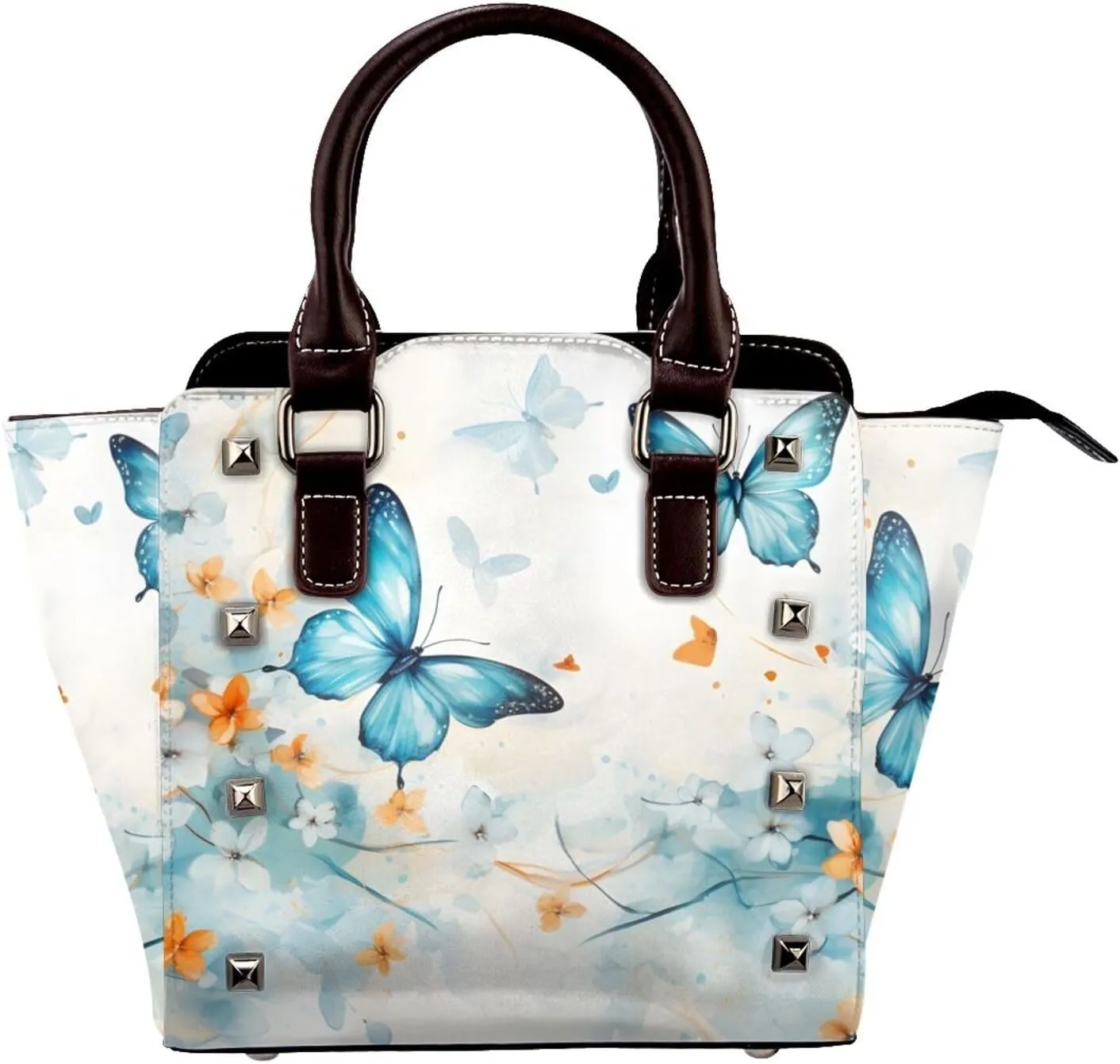 Leather Shoulder Bag for Women, Spring Butterfly Floral Studded Purse Flower Vintage Crossbody Handbags Punk Hobo Bag with Adjustable Strap