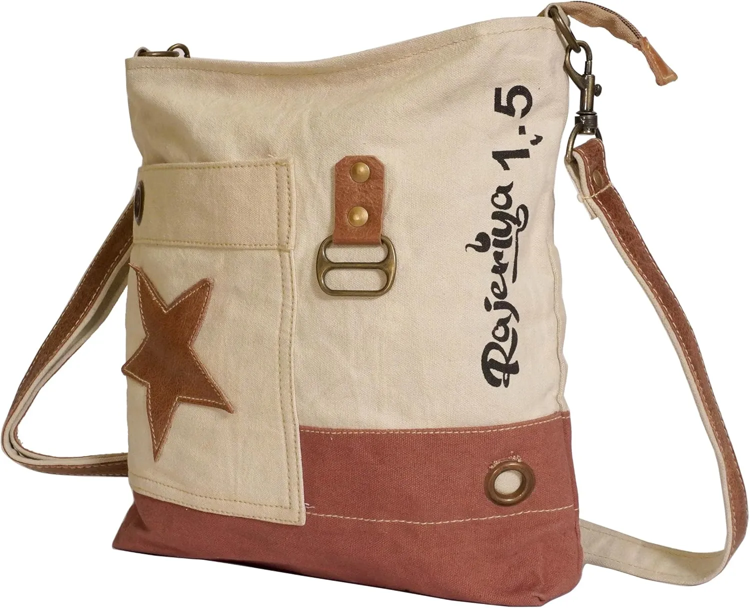 Leather Star Shoulder Bag, Adjustable Handle, Upcycled Canvas Crossbody Bag for women