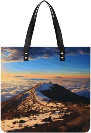 Leather Tote Bag, Mauna Kea Summit Sunset Print Women's Leather Handbag Fashion Leather Handbag Durable Leather Bag Stylish Tote Bag
