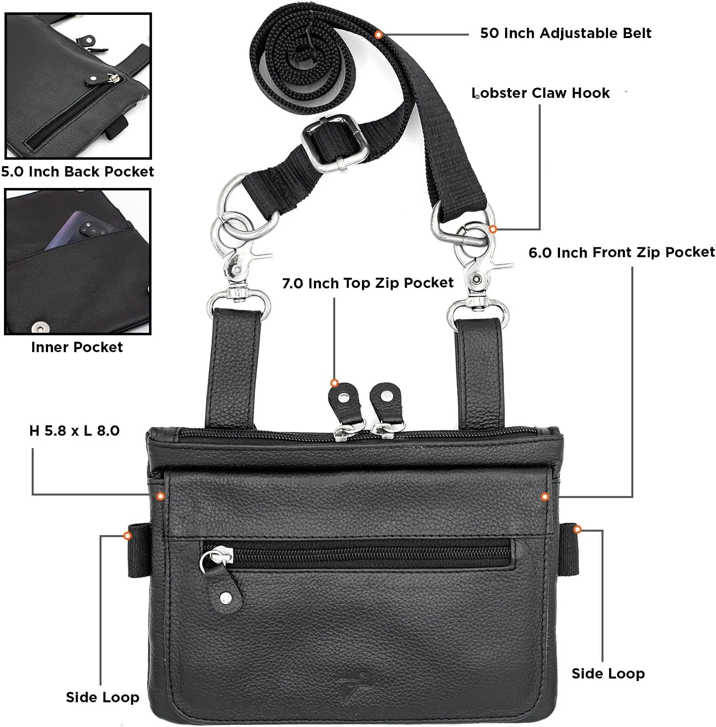 Leather Waist Bags, Leather Hip waist Belt Bag For Women, Leather Crossbody Bags For Women Clipon Leather Fanny Pack For Women Black