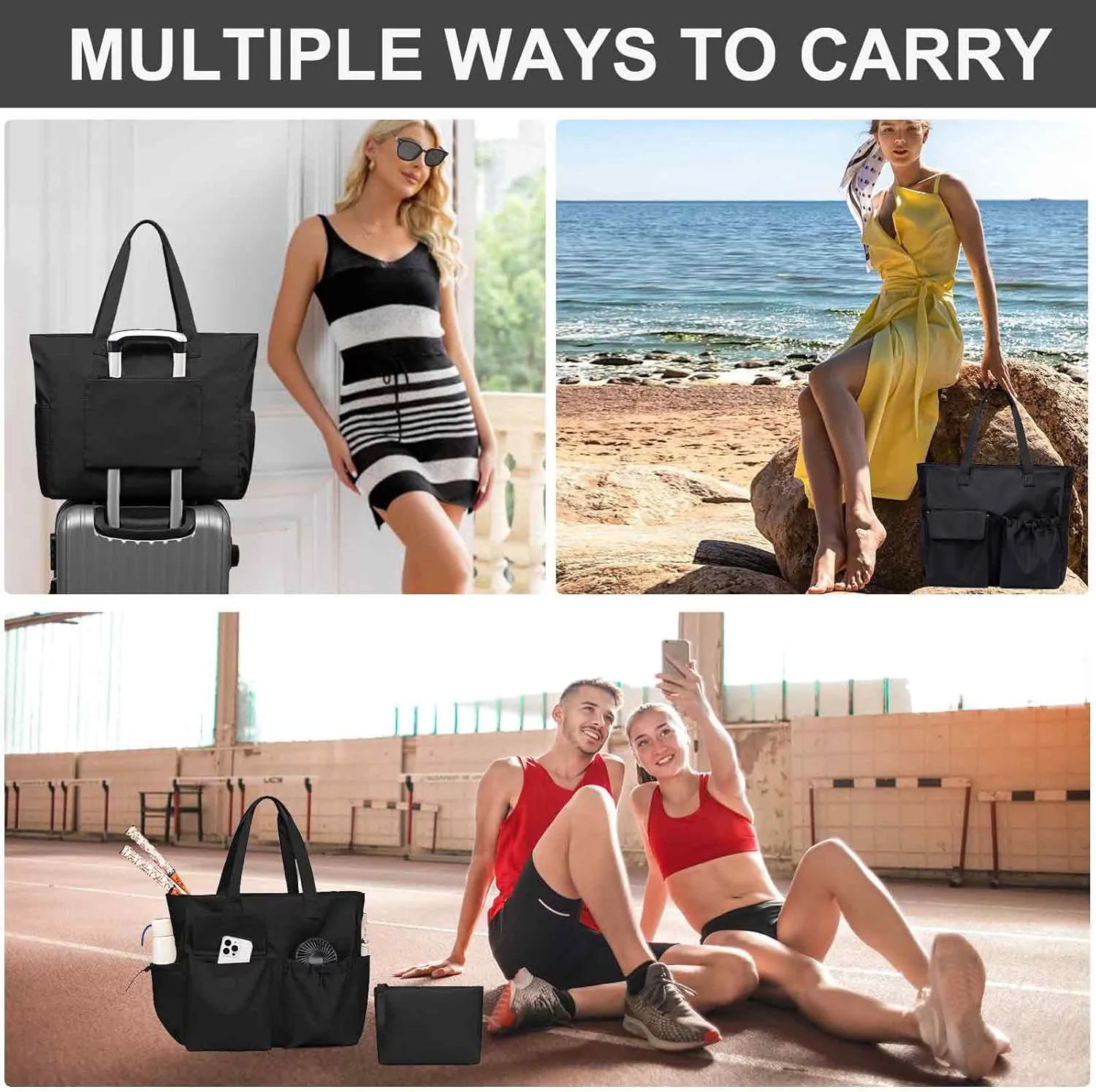 LEDAOU Beach Bag for Women Waterproof Sandproof Tote Bag Pool Bag with Zipper for Gym Shopping Travel with Wet Pocket
