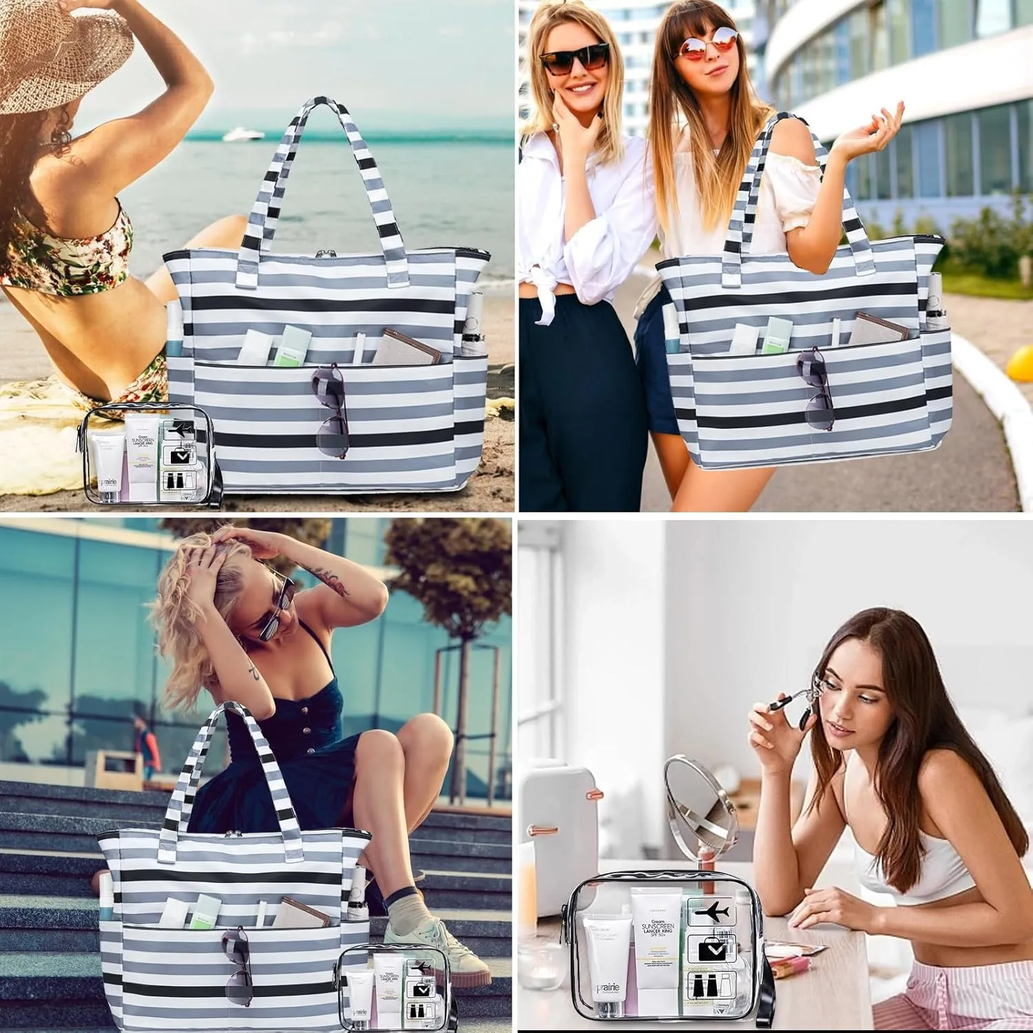 LEDAOU Beach Bag for Women Waterproof Sandproof Tote Bag Pool Bag with Zipper for Gym Shopping Travel with Wet Pocket