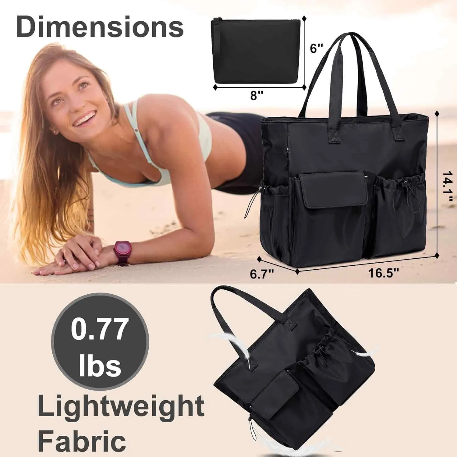 LEDAOU Beach Bag for Women Waterproof Sandproof Tote Bag Pool Bag with Zipper for Gym Shopping Travel with Wet Pocket