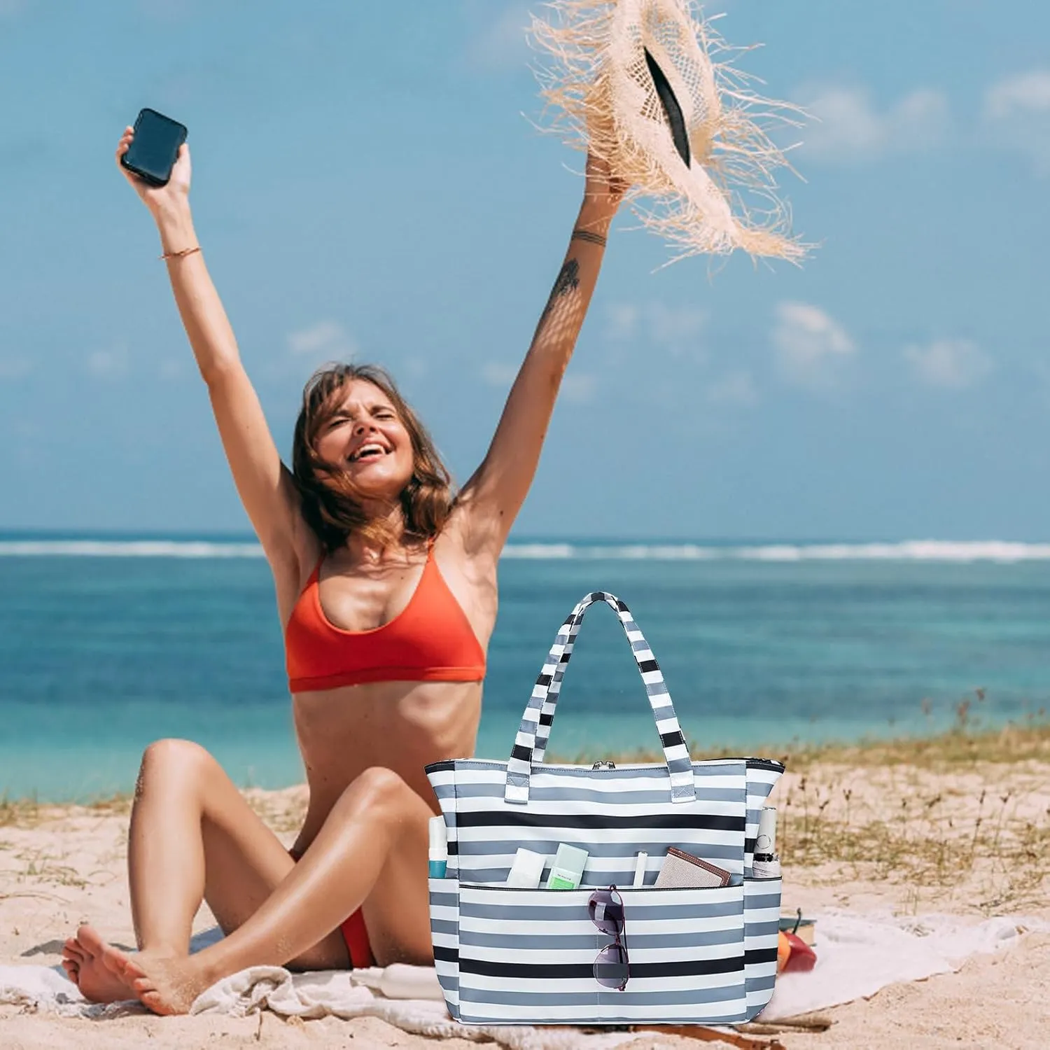 LEDAOU Beach Bag for Women Waterproof Sandproof Tote Bag Pool Bag with Zipper for Gym Shopping Travel with Wet Pocket