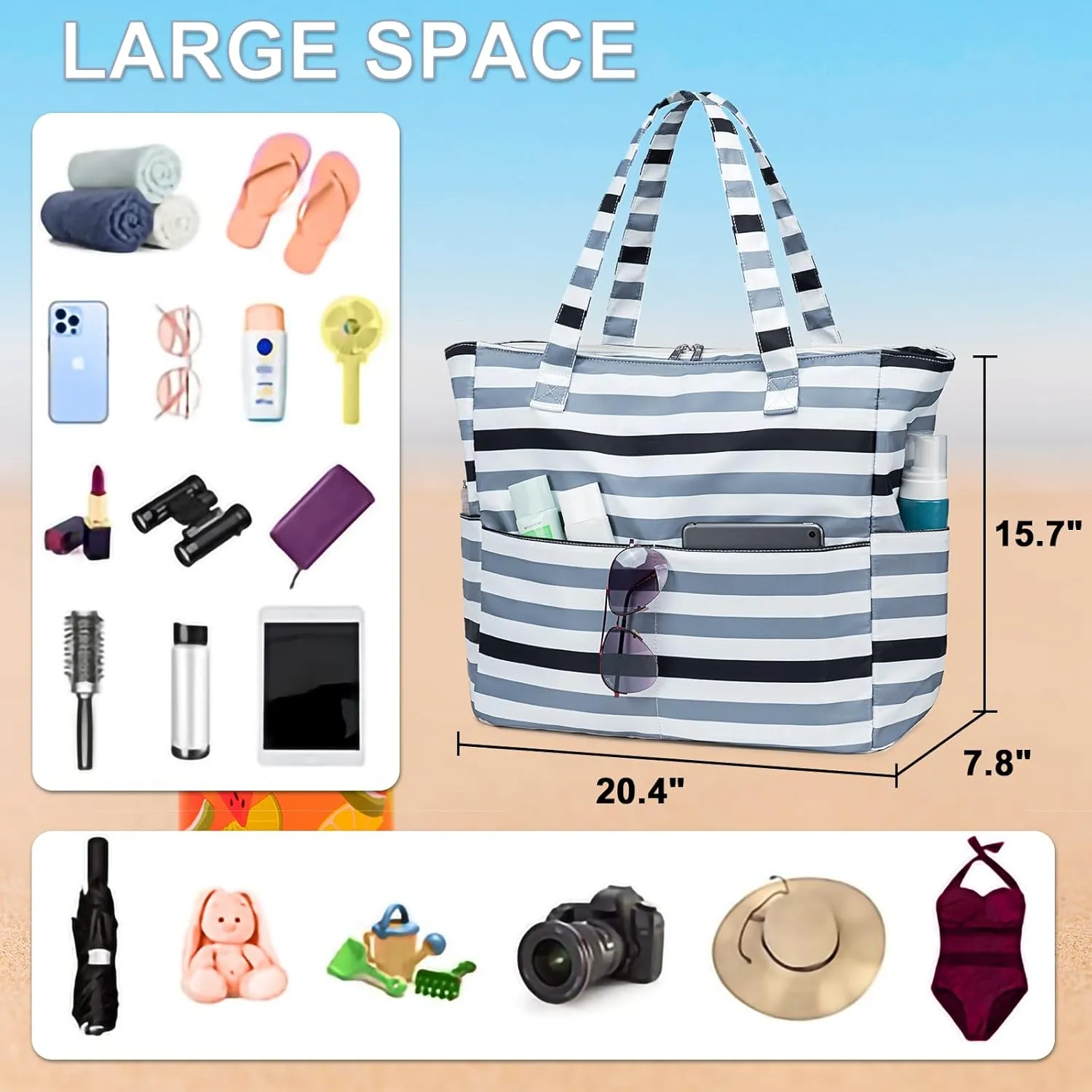 LEDAOU Beach Bag for Women Waterproof Sandproof Tote Bag Pool Bag with Zipper for Gym Shopping Travel with Wet Pocket