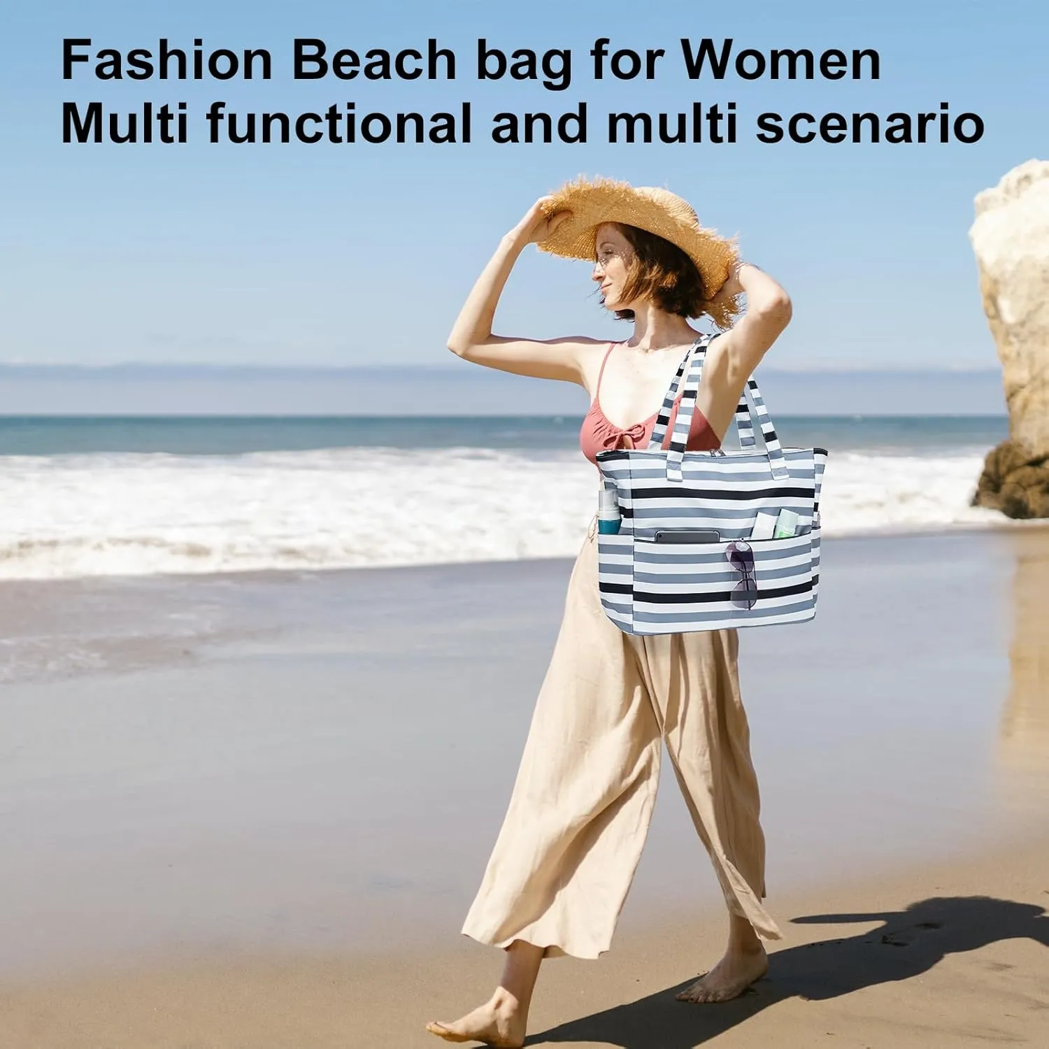 LEDAOU Beach Bag for Women Waterproof Sandproof Tote Bag Pool Bag with Zipper for Gym Shopping Travel with Wet Pocket
