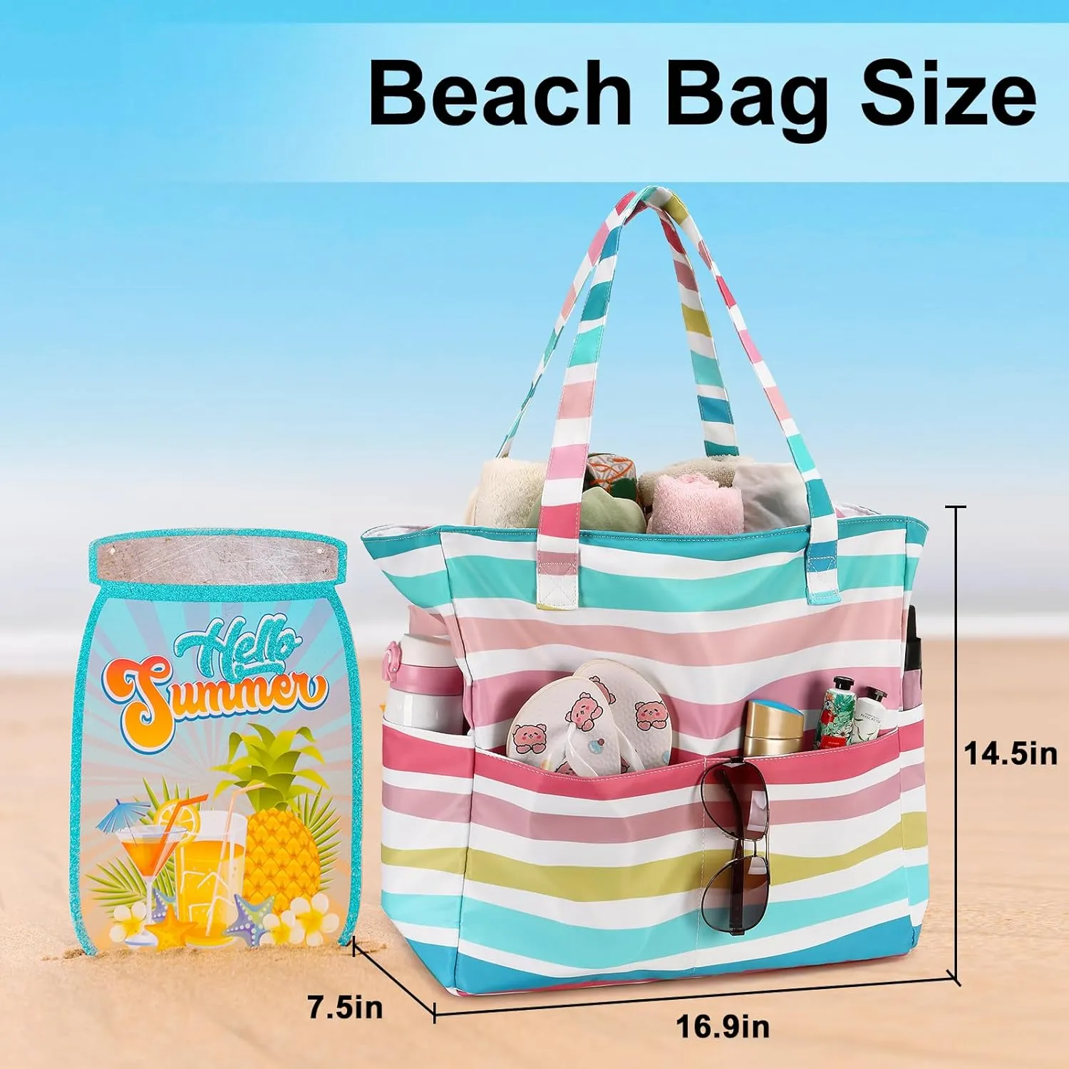 LEDAOU Beach Bag Waterproof Sandproof Women Tote Bag Pool Bag with Zipper for Gym Grocery Travel with Wet Pocket