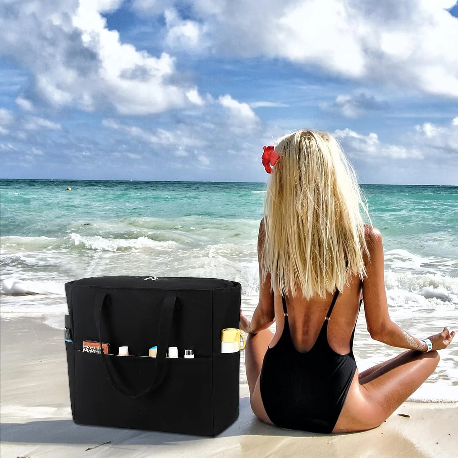 LEDAOU Beach Bag Waterproof Sandproof Women Tote Bag Pool Bag with Zipper for Gym Grocery Travel with Wet Pocket