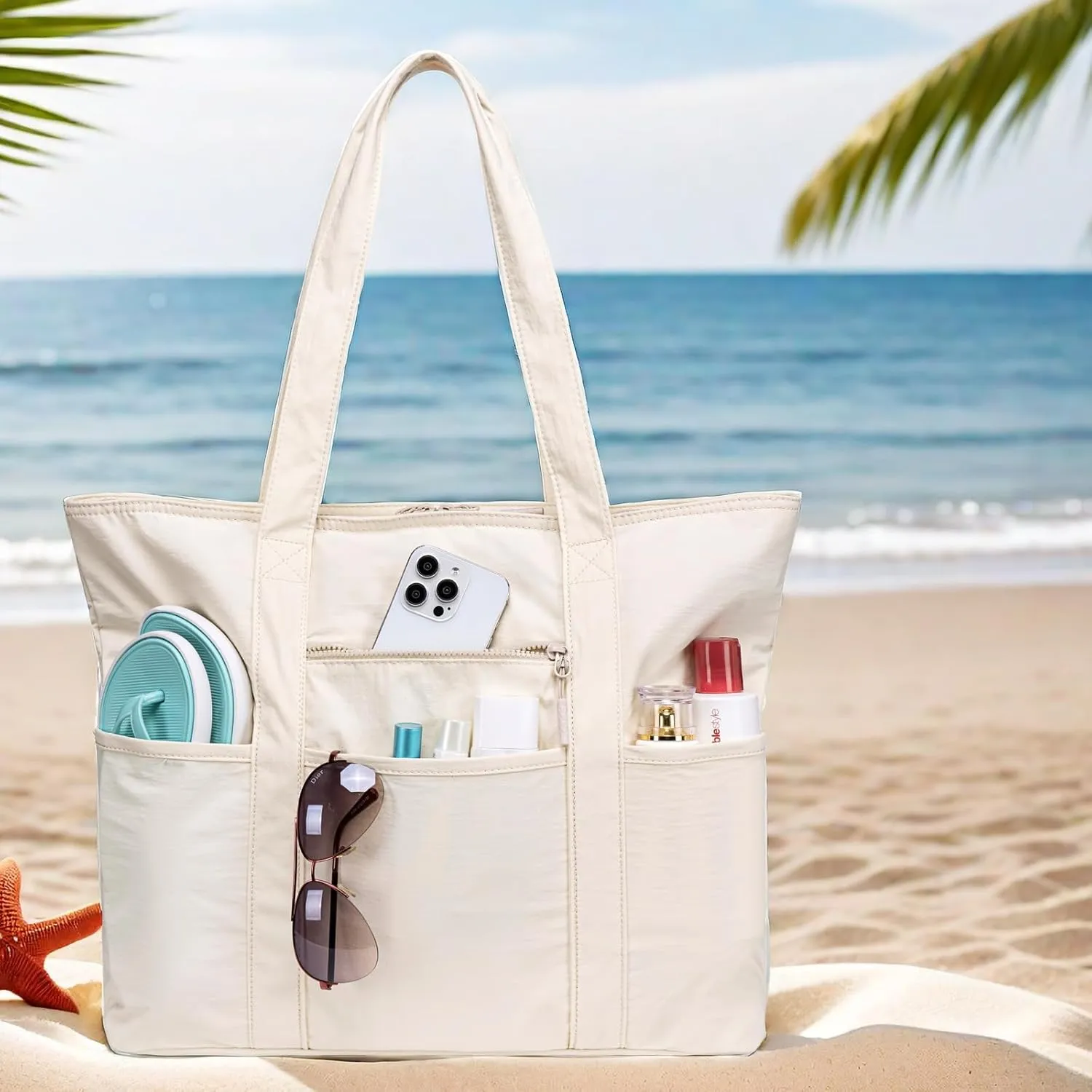 LEDAOU Large Beach Tote Bag Women Waterproof Beach Bag Sandproof Pool Bag with Zipper Travel Gym Tote Bag