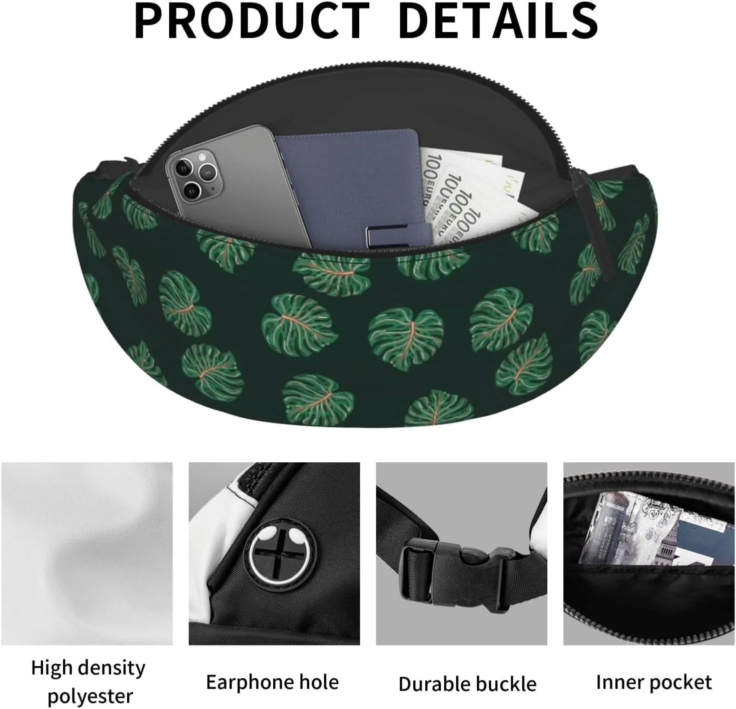 Leisure Sports Crossbody Bag Running Casual Hands-Free Wallets Waist Pack for Man Woman Father's Day for Dad Round Green Leaf