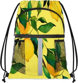 Lemon Citrus Fruits Drawstring Backpack Sports Gym Bag for Men Women Draw String Polyester Sackpack Reflective String Bags Cinch Bag with Zipper Pockets and Mesh Pockets