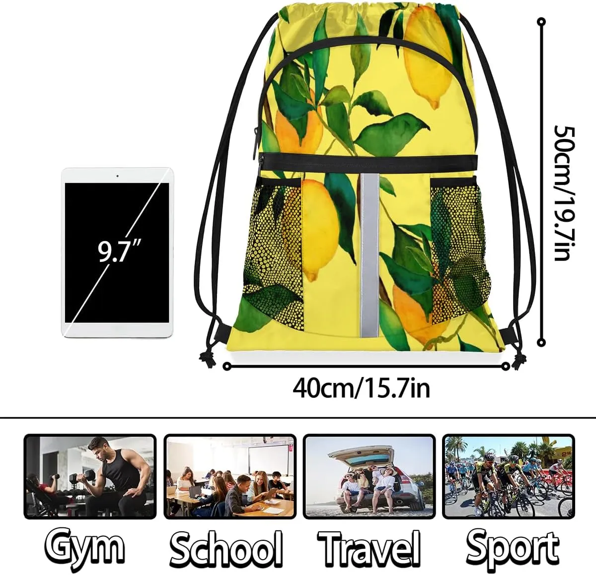 Lemon Citrus Fruits Drawstring Backpack Sports Gym Bag for Men Women Draw String Polyester Sackpack Reflective String Bags Cinch Bag with Zipper Pockets and Mesh Pockets