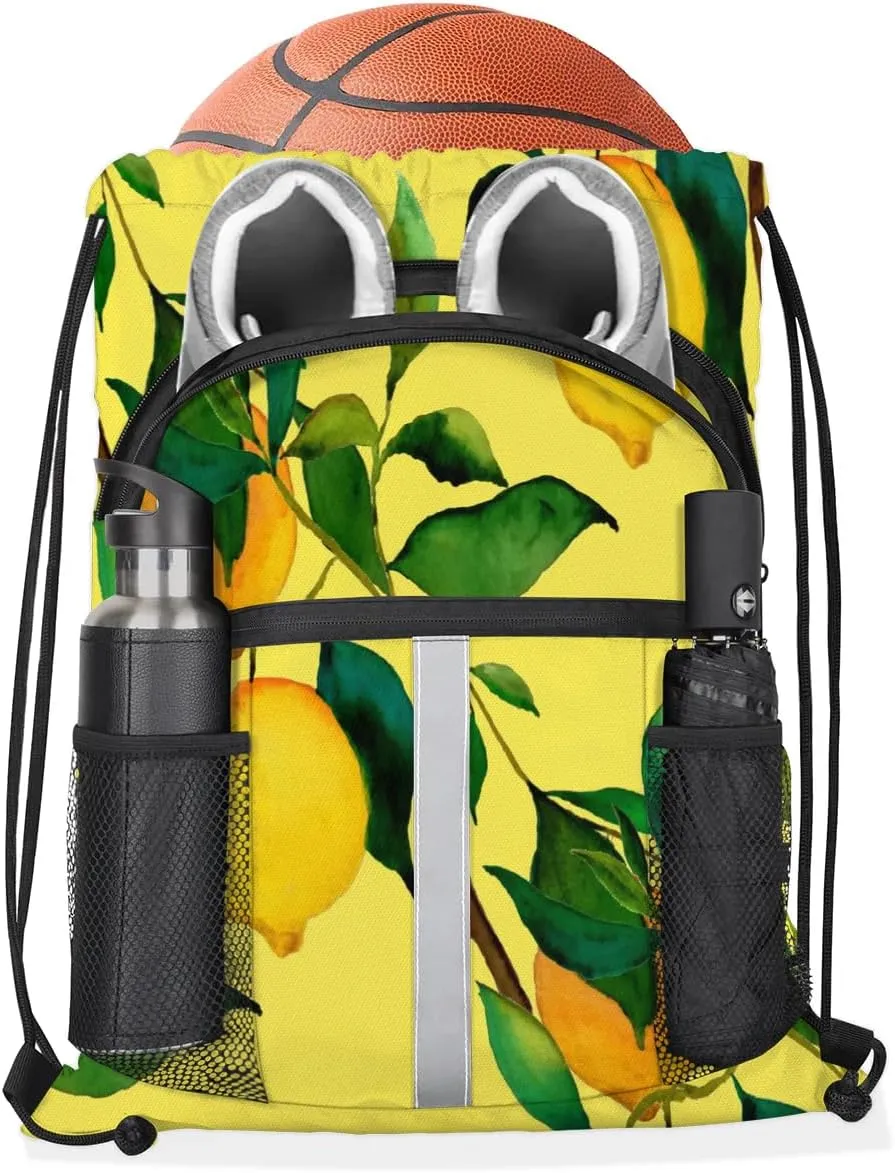 Lemon Citrus Fruits Drawstring Backpack Sports Gym Bag for Men Women Draw String Polyester Sackpack Reflective String Bags Cinch Bag with Zipper Pockets and Mesh Pockets