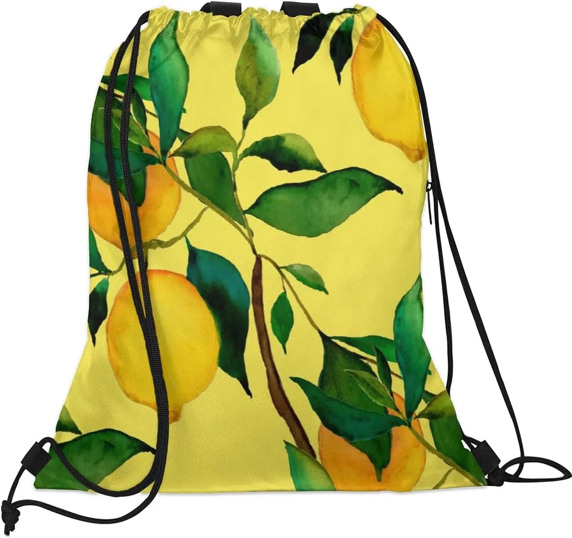 Lemon Citrus Fruits Drawstring Backpack Sports Gym Bag for Men Women Draw String Polyester Sackpack Reflective String Bags Cinch Bag with Zipper Pockets and Mesh Pockets