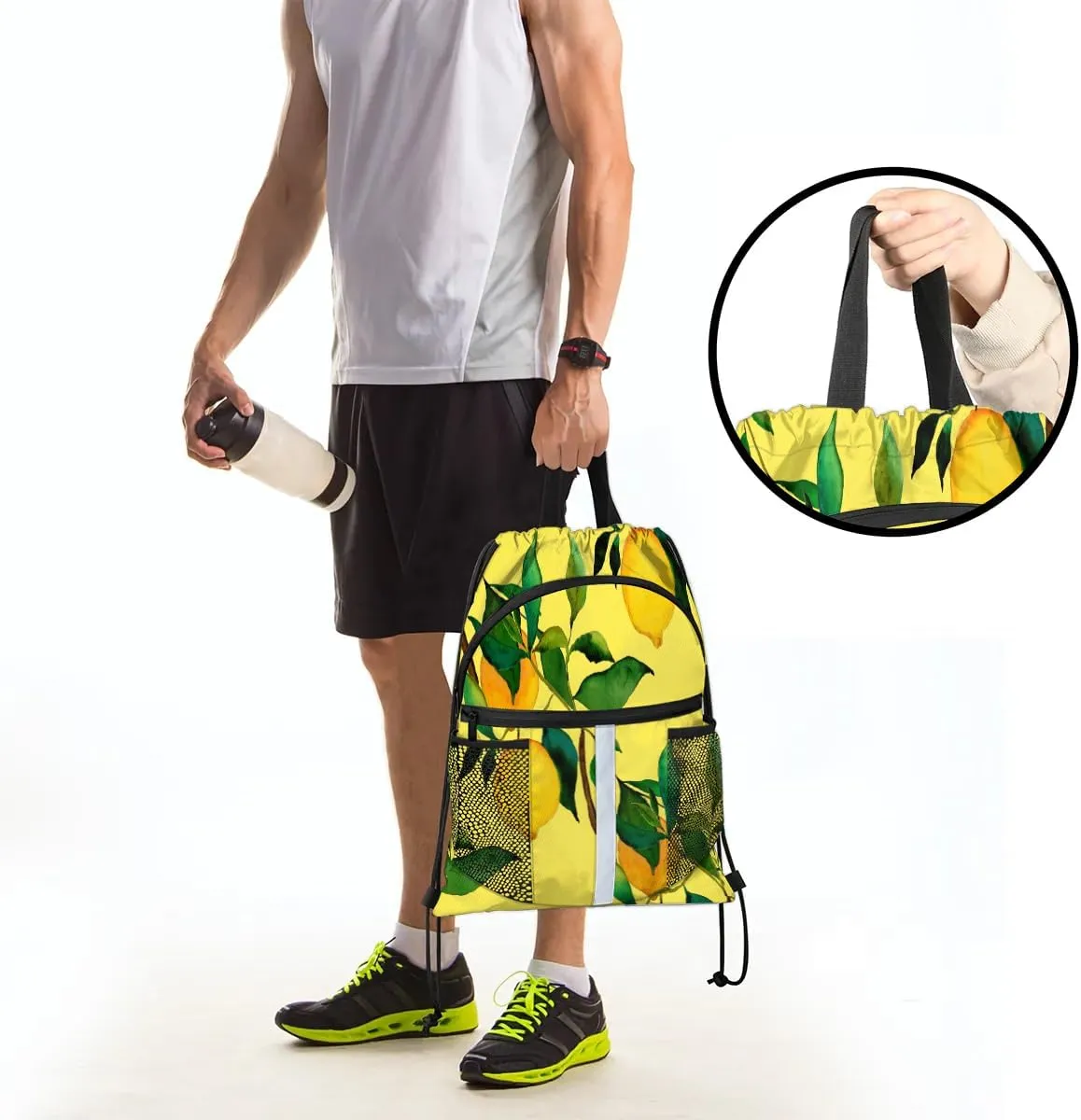 Lemon Citrus Fruits Drawstring Backpack Sports Gym Bag for Men Women Draw String Polyester Sackpack Reflective String Bags Cinch Bag with Zipper Pockets and Mesh Pockets