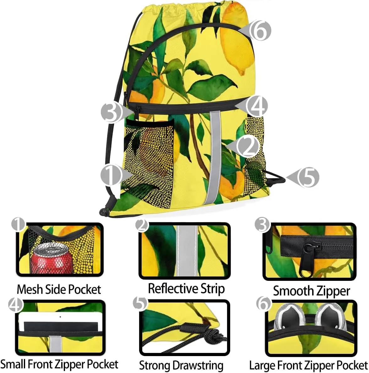 Lemon Citrus Fruits Drawstring Backpack Sports Gym Bag for Men Women Draw String Polyester Sackpack Reflective String Bags Cinch Bag with Zipper Pockets and Mesh Pockets