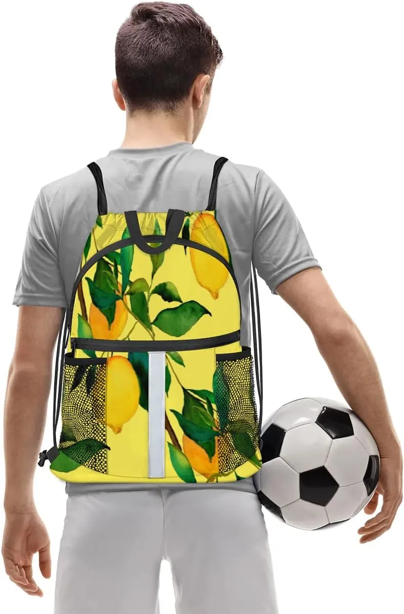 Lemon Citrus Fruits Drawstring Backpack Sports Gym Bag for Men Women Draw String Polyester Sackpack Reflective String Bags Cinch Bag with Zipper Pockets and Mesh Pockets