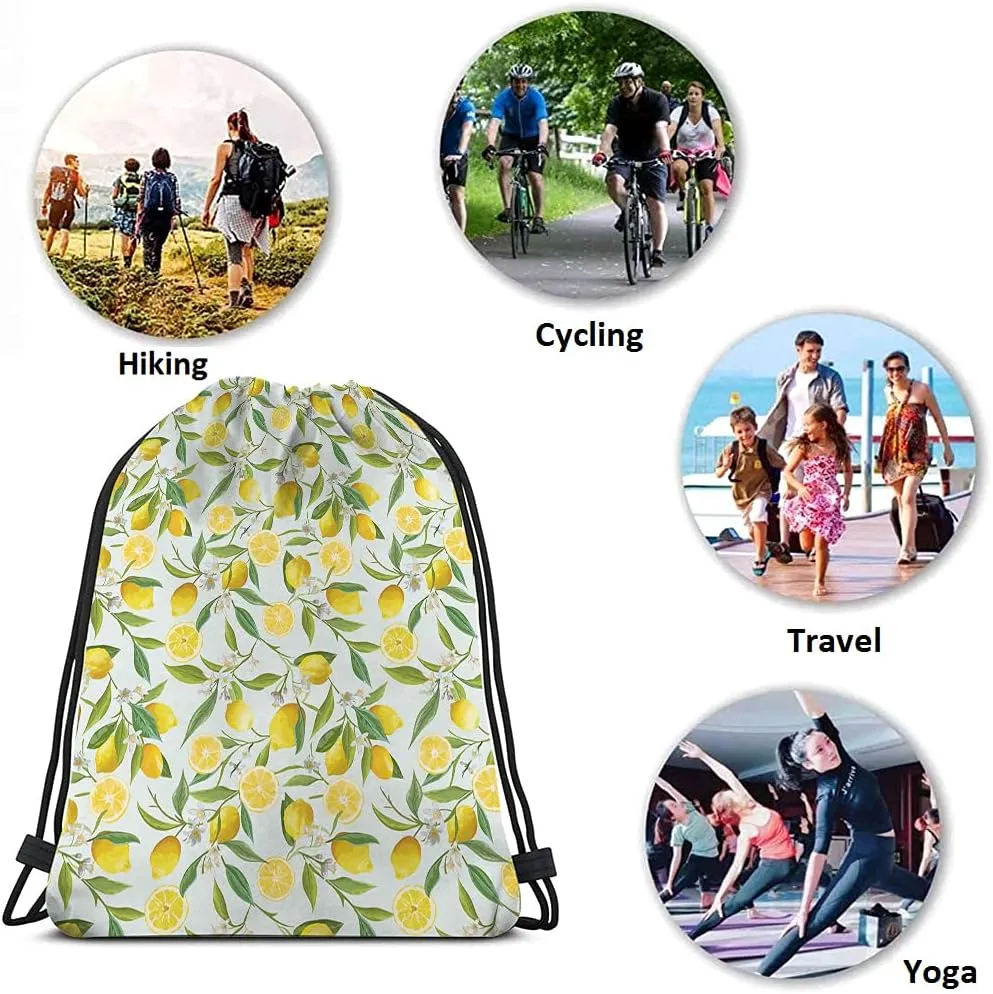 Lemon Drawstring Bags Summer Lemon Fruits Tree Branches Leaves White Little Flower Yellow Green Sport Gym Sack Drawstring Backpack for Men Women