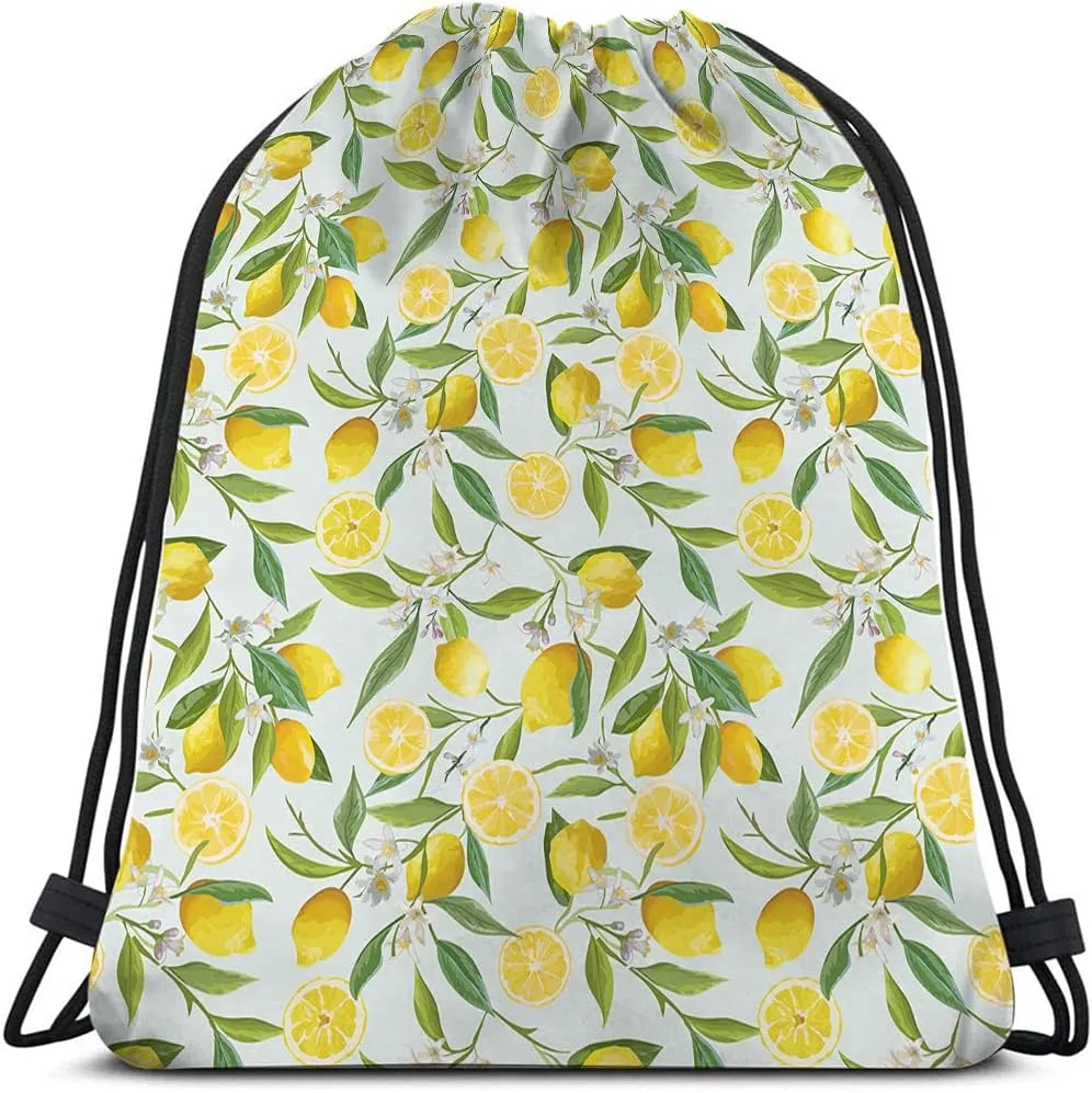 Lemon Drawstring Bags Summer Lemon Fruits Tree Branches Leaves White Little Flower Yellow Green Sport Gym Sack Drawstring Backpack for Men Women