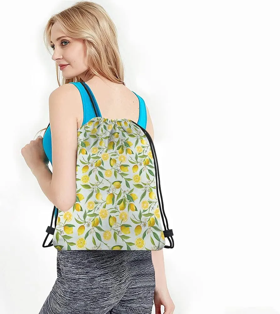 Lemon Drawstring Bags Summer Lemon Fruits Tree Branches Leaves White Little Flower Yellow Green Sport Gym Sack Drawstring Backpack for Men Women