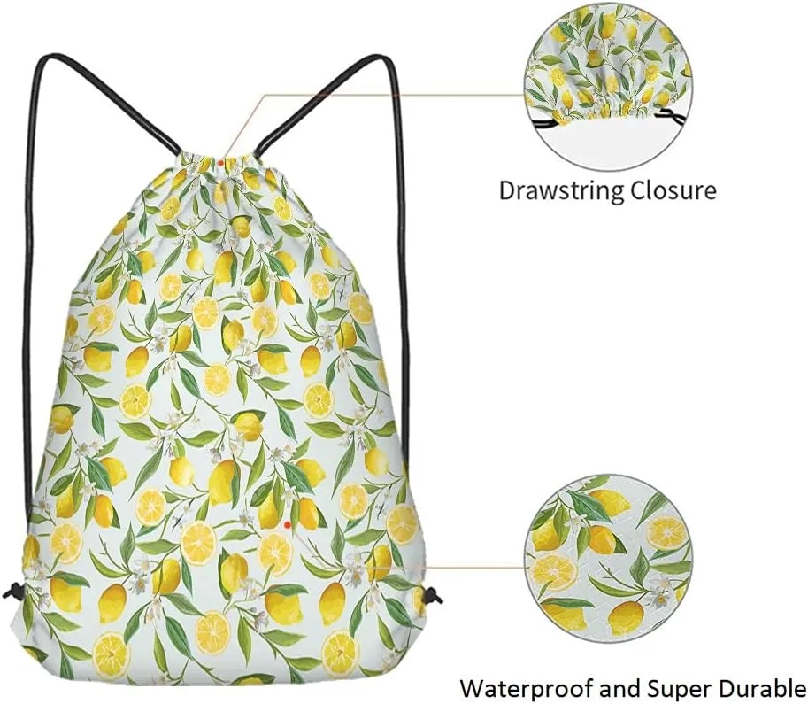 Lemon Drawstring Bags Summer Lemon Fruits Tree Branches Leaves White Little Flower Yellow Green Sport Gym Sack Drawstring Backpack for Men Women