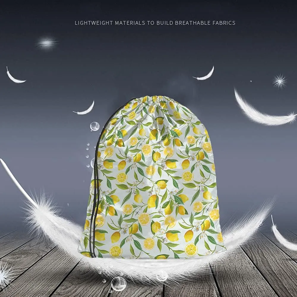 Lemon Drawstring Bags Summer Lemon Fruits Tree Branches Leaves White Little Flower Yellow Green Sport Gym Sack Drawstring Backpack for Men Women